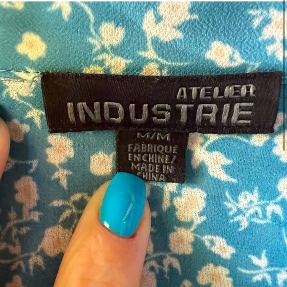 ATELIER INDUSTAIE | Blue floral pocket ruffle puff shirt sleeve button up shirt - Picture 3 of 13